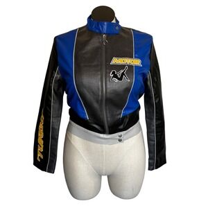Motor Turbo Cropped Faux Leather Jacket Women's Size M Blue Black Biker Racing‎